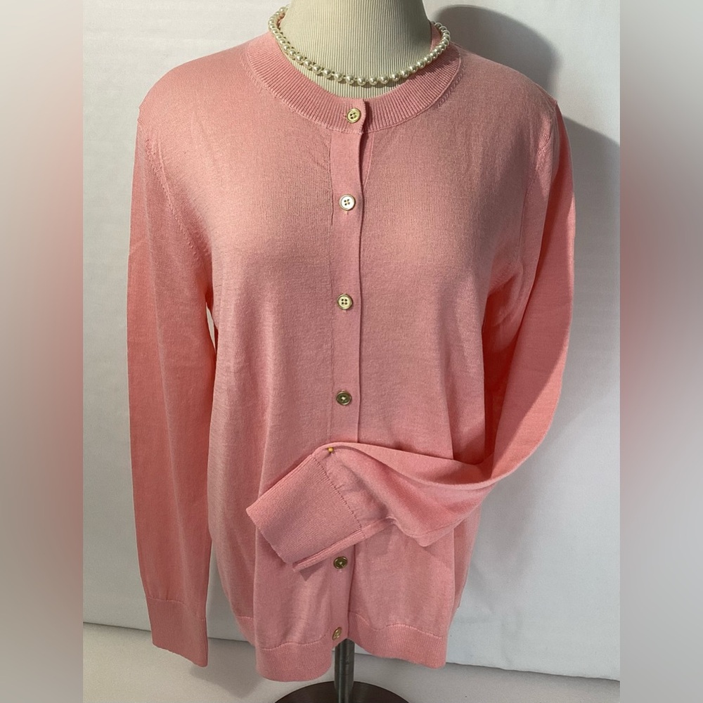 Loft Woman’s Cardigan Sweater Size L Color Salmon Pink Buttons Long Sleeves Knit